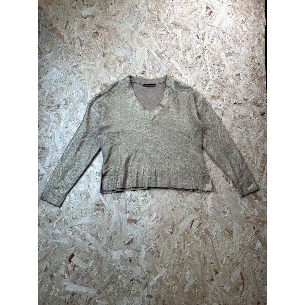 Lola Casademunt by Maite Gold Metallic V-Neck Sweater Womens Size M Knit Shimmer